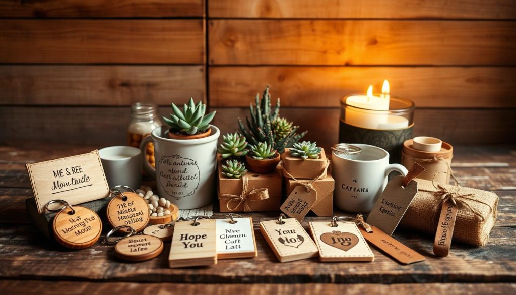 A beautifully crafted collection of personalized gifts on a rustic wooden surface, illuminated by warm, natural lighting. The foreground features an assortment of handmade trinkets, such as engraved wooden keychains, custom-printed mugs, and handstitched leather bookmarks. In the middle ground, a cluster of potted succulents and artisanal candles add a touch of greenery and ambiance. The background showcases a simple, yet elegant backdrop of a distressed wood-paneled wall, creating a cozy, inviting atmosphere. The overall composition conveys a sense of thoughtfulness, creativity, and a budget-friendly approach to customized presents. A beautifully crafted collection of personalized gifts on a rustic wooden surface, illuminated by warm, natural lighting. The foreground features an assortment of handmade trinkets, such as engraved wooden keychains, custom-printed mugs, and handstitched leather bookmarks. In the middle ground, a cluster of potted succulents and artisanal candles add a touch of greenery and ambiance. The background showcases a simple, yet elegant backdrop of a distressed wood-paneled wall, creating a cozy, inviting atmosphere. The overall composition conveys a sense of thoughtfulness, creativity, and a budget-friendly approach to customized presents.