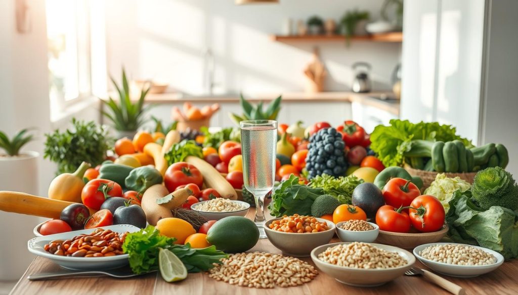 A bountiful table overflowing with a diverse array of fresh, vibrant produce - crisp vegetables, juicy fruits, and hearty whole grains. Sunlight filters through an airy, minimalist kitchen, casting a warm, inviting glow on the scene. Elegant place settings and serene, natural textures create a sense of balance and harmony, reflecting the concept of "alimentação equilibrada" - a balanced, nourishing diet. The composition draws the eye to the center, where a glass of cool, refreshing water stands as a symbol of the importance of hydration. An atmosphere of simplicity, wellness, and mindfulness pervades the image, evoking the idea of fueling both body and mind.