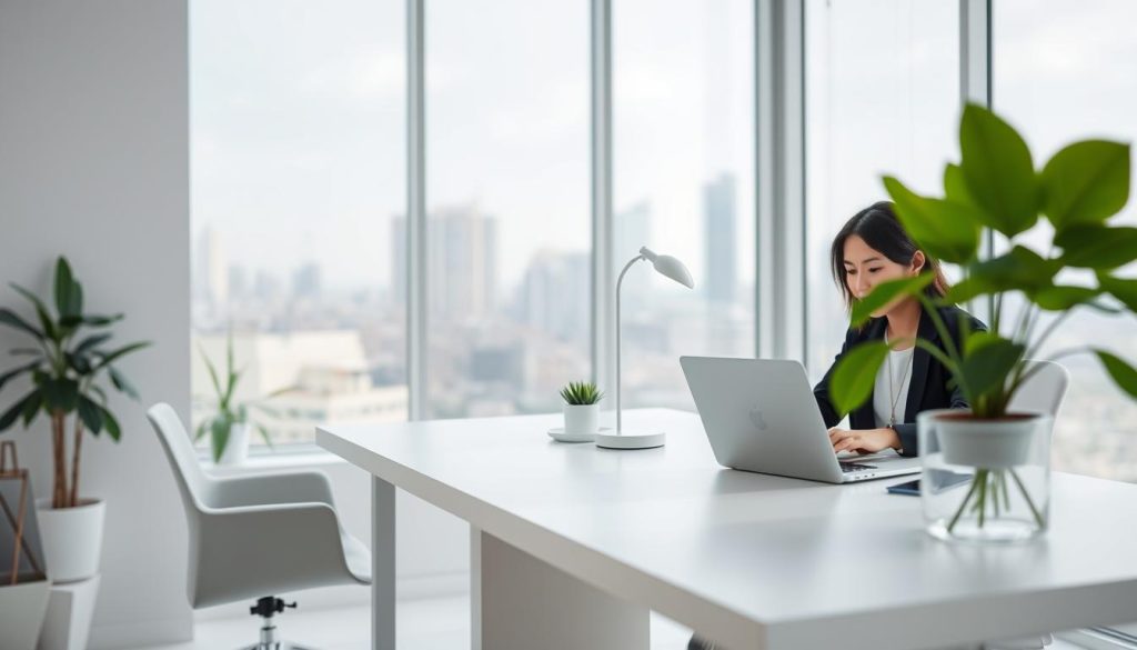 A bright, minimalist office space with a sleek, modern aesthetic. In the foreground, a person sits at a clean, uncluttered desk, focused on their laptop. The middle ground features a few potted plants and a simple, modern desk lamp, creating a sense of calm productivity. The background showcases large windows, allowing natural light to flood the room and providing a serene, urban landscape outside. The overall atmosphere conveys a sense of efficiency, organization, and a streamlined approach to work and daily commitments. A bright, minimalist office space with a sleek, modern aesthetic. In the foreground, a person sits at a clean, uncluttered desk, focused on their laptop. The middle ground features a few potted plants and a simple, modern desk lamp, creating a sense of calm productivity. The background showcases large windows, allowing natural light to flood the room and providing a serene, urban landscape outside. The overall atmosphere conveys a sense of efficiency, organization, and a streamlined approach to work and daily commitments.