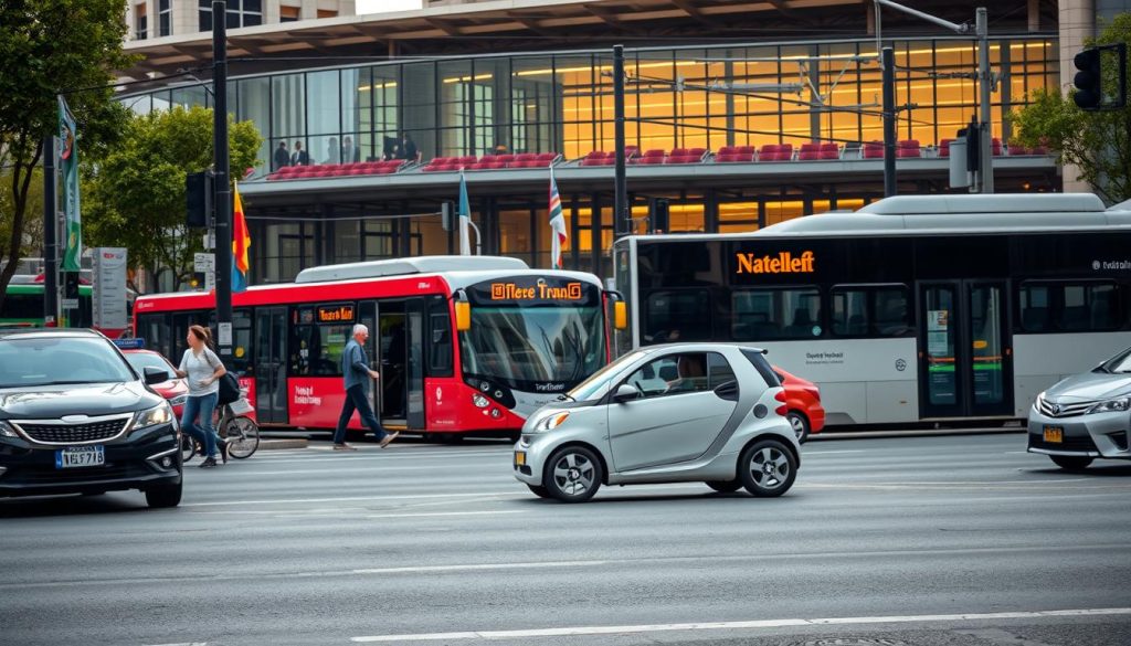 A bustling city street scene, showcasing the diverse modes of urban transportation. In the foreground, a compact electric car navigates the congested roads, its sleek design and quiet operation embodying efficient and eco-friendly mobility. In the middle ground, a public bus glides by, its passengers a diverse cross-section of the community. In the background, a modern train station stands as a hub for commuters, its glass and steel architecture bathed in warm, natural lighting. The overall atmosphere conveys a sense of connectivity and a well-integrated transportation network that supports the daily needs of the city's residents.