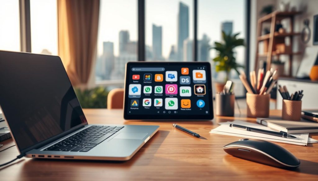 A bustling home office setup with a modern laptop, wireless mouse, and stationery essentials. In the middle ground, various productivity apps and messaging platforms displayed on a tablet, signifying the digital collaboration and communication enabled by remote work. The background features a blurred cityscape with skyscrapers, hinting at the global connectivity and flexibility afforded by remote platforms. The scene is bathed in warm, natural lighting, creating a cozy, focused atmosphere for this evolving digital workplace.