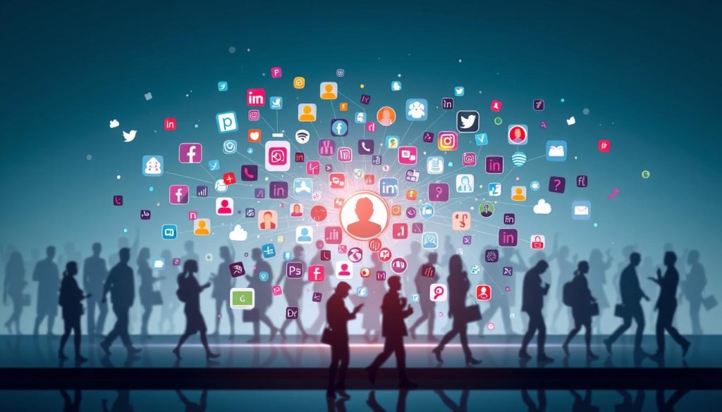 A bustling social media landscape, with vibrant icons and symbols floating against a sleek, minimalist backdrop. In the foreground, a central hub of interconnected profiles, hashtags, and sharing gestures, captured in a dynamic, almost holographic effect. The middle ground features silhouettes of figures engaged in lively digital interactions, their movements conveying a sense of immersion and community. The background subtly blends gradients of blue and gray, evoking the expansive, ever-evolving nature of online social networks. Illuminated by a soft, diffused lighting that lends a sense of depth and atmosphere to the overall scene.