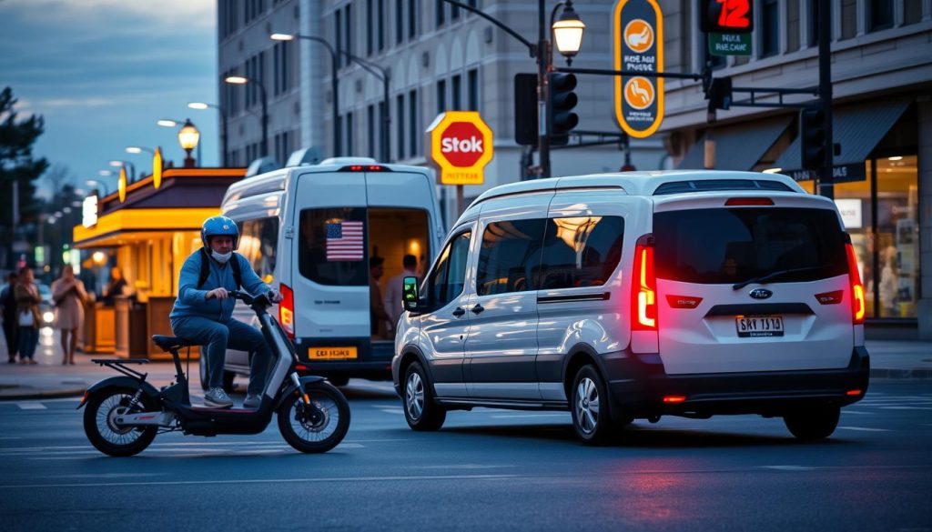 A bustling street scene at dusk, showcasing a variety of delivery services and mobility options. In the foreground, a sleek electric scooter zooms past a cyclist navigating the bike lane. In the middle ground, a delivery van pulls up to a restaurant, its driver quickly retrieving a stack of food orders. In the background, a rideshare vehicle waits at a stoplight, its driver ready to ferry passengers to their destinations. The scene is illuminated by the warm glow of streetlamps and the neon signs of nearby shops, creating a vibrant and dynamic atmosphere. The overall composition conveys the idea of efficiency, convenience, and the ability to earn extra income through strategic use of delivery and mobility services.
