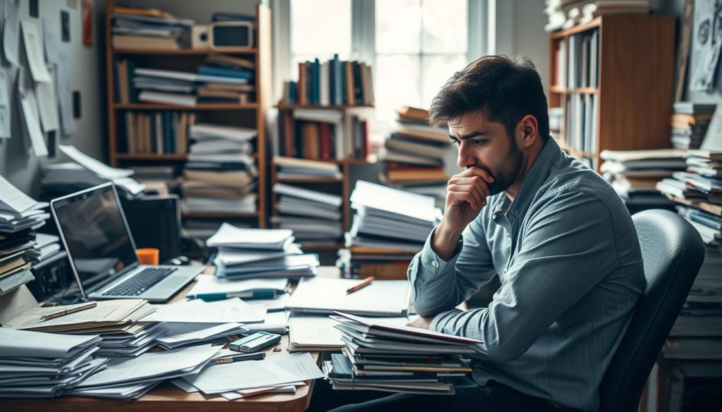 A cluttered desk surrounded by distractions, papers, and a laptop, symbolizing the causes of procrastination. In the foreground, a person sits contemplating, their expression troubled. Diffused, natural lighting filters in through a window, casting soft shadows. The middle ground features piles of unfinished work, reflecting the weight of unmet deadlines. In the background, a bookshelf overflows with books, hinting at the perfectionistic tendencies that contribute to procrastination. The overall mood is one of stress and cognitive overload, urging the viewer to consider the complex factors underlying this common behavioral challenge. A cluttered desk surrounded by distractions, papers, and a laptop, symbolizing the causes of procrastination. In the foreground, a person sits contemplating, their expression troubled. Diffused, natural lighting filters in through a window, casting soft shadows. The middle ground features piles of unfinished work, reflecting the weight of unmet deadlines. In the background, a bookshelf overflows with books, hinting at the perfectionistic tendencies that contribute to procrastination. The overall mood is one of stress and cognitive overload, urging the viewer to consider the complex factors underlying this common behavioral challenge.