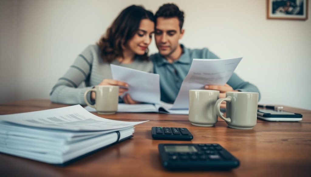 A couple sitting at a wooden table, examining financial documents and discussing their household budget. The foreground features a neatly organized stack of papers, a calculator, and two mugs of coffee. In the middle ground, the couple leans in, their expressions thoughtful as they review their expenses. The background is softly blurred, evoking a cozy, domestic atmosphere with warm lighting and muted tones. The scene conveys a sense of collaboration and financial responsibility as the couple works together to manage their shared finances.