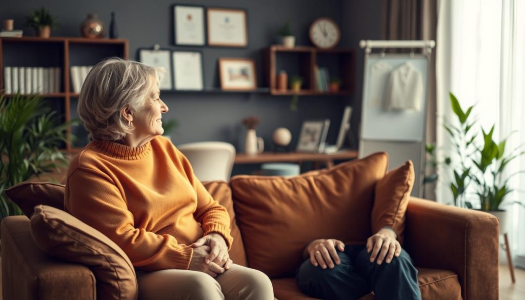 A cozy and intimate couple's therapy session in a warm, inviting room. In the foreground, a middle-aged couple sits facing each other on a plush, earthy-toned sofa, engaged in a thoughtful discussion. Soft, diffused lighting illuminates their expressions, conveying a sense of openness and vulnerability. The middle ground features a clinical yet comforting office setting, with bookshelves, diplomas, and a desk suggesting the presence of a professional therapist. The background subtly blurs, creating a sense of privacy and focus on the central figures. Muted, calming colors and natural elements like potted plants imbue the scene with a serene, therapeutic ambiance.