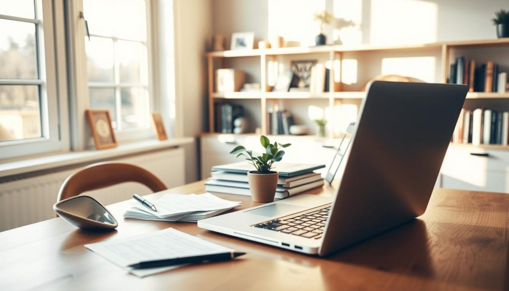 A cozy home office with a wooden desk, neatly organized papers and a laptop, bathed in warm, natural lighting through large windows. On the desk, a calculator, a pen holder, and a small potted plant add a sense of productivity and mindfulness. In the background, shelves display carefully curated books and personal mementos, creating a harmonious, inviting atmosphere. The overall scene conveys a sense of financial routine, discipline, and a commitment to personal growth, reflecting the essence of "transforming habits into a routine: small actions with great returns".