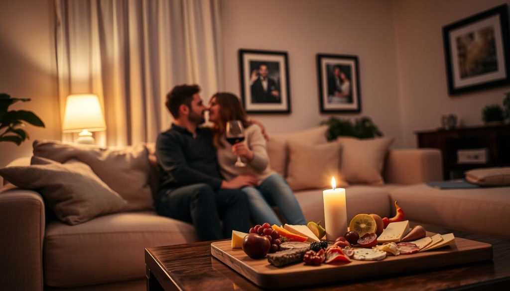 A cozy, intimate living room with soft lighting and warm tones, creating a romantic ambiance. In the foreground, a couple sits on a plush sofa, embracing and sharing a glass of wine. On the coffee table, a charcuterie board with various cheeses, meats, and fresh fruits, along with a single lit candle. Framed artwork or wall decor adds a personalized touch to the space. The overall scene conveys a sense of togetherness, relaxation, and a cherished moment of connection during a special at-home date night. A cozy, intimate living room with soft lighting and warm tones, creating a romantic ambiance. In the foreground, a couple sits on a plush sofa, embracing and sharing a glass of wine. On the coffee table, a charcuterie board with various cheeses, meats, and fresh fruits, along with a single lit candle. Framed artwork or wall decor adds a personalized touch to the space. The overall scene conveys a sense of togetherness, relaxation, and a cherished moment of connection during a special at-home date night.