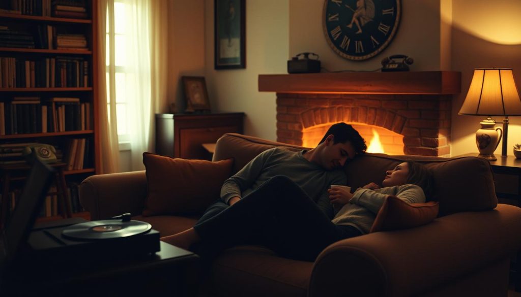 A cozy living room bathed in the warm glow of a fireplace, a couple cuddled up on a plush sofa, sipping hot cocoa and gazing into each other's eyes. Vintage record player spinning nostalgic tunes, the crackle of the fire and the soft light creating an intimate, inviting atmosphere. Bookshelves lining the walls, a vintage telephone, and a retro-style lamp adding to the nostalgic ambiance. The couple's shadows dance across the walls, their silhouettes reflecting the romantic, timeless mood. Soft focus, film-like rendering, muted colors, and a dreamlike quality to the scene, evoking a sense of comfort, connection, and cherished memories. A cozy living room bathed in the warm glow of a fireplace, a couple cuddled up on a plush sofa, sipping hot cocoa and gazing into each other's eyes. Vintage record player spinning nostalgic tunes, the crackle of the fire and the soft light creating an intimate, inviting atmosphere. Bookshelves lining the walls, a vintage telephone, and a retro-style lamp adding to the nostalgic ambiance. The couple's shadows dance across the walls, their silhouettes reflecting the romantic, timeless mood. Soft focus, film-like rendering, muted colors, and a dreamlike quality to the scene, evoking a sense of comfort, connection, and cherished memories.