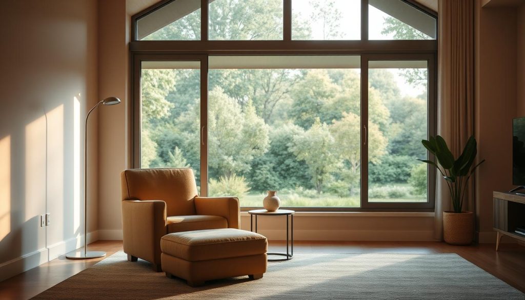 A cozy living room bathed in warm, soft lighting. In the foreground, a plush, inviting armchair and ottoman, perfectly positioned for comfort and relaxation. In the middle ground, a sleek, minimalist side table with a single potted plant, emanating a sense of tranquility. The background features large, floor-to-ceiling windows, offering a serene view of a lush, green outdoor landscape, creating a seamless transition between indoors and out. The overall atmosphere is one of effortless, functional elegance, conveying a sense of everyday comfort and well-being.