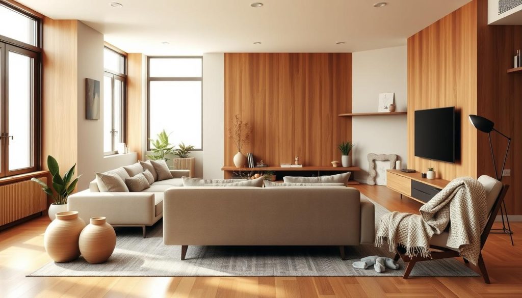 A cozy, well-appointed living room with a modern, minimalist aesthetic. Warm, diffused lighting filters through large windows, casting a soft glow on the natural wood and neutral-toned furnishings. A plush, oversized sofa faces a sleek, floating entertainment unit, accented with potted plants and a few carefully curated decorative pieces. The room is anchored by a subtly patterned area rug and features a mix of textures, from the smooth ceramic vase to the woven throw blanket. An overall sense of balance, harmony, and understated sophistication pervades the space, creating an inviting, relaxing "ambiente" that feels both contemporary and timeless.