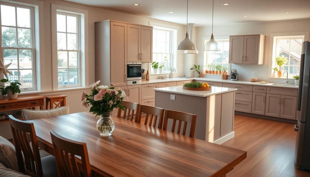A cozy, well-organized kitchen with warm, natural lighting streaming through large windows. The foreground features a solid wood dining table surrounded by comfortable chairs, with a vase of fresh flowers as a centerpiece. The middle ground showcases sleek, minimalist cabinets in a soft, muted color palette, complemented by a gleaming quartz countertop. In the background, a large, open-concept space with a modern, yet inviting atmosphere, showcasing a state-of-the-art appliance suite and a herb garden on the windowsill. The overall scene exudes a sense of calm, efficiency, and thoughtful design, perfectly capturing the "heart of the home" vibe.