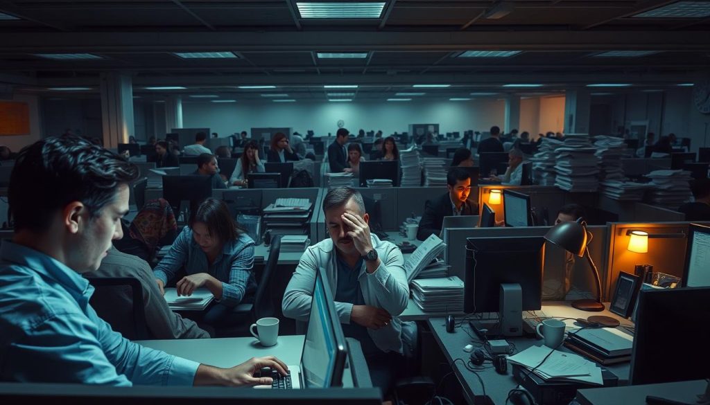 A crowded open-plan office setting, with workers at their desks, immersed in tasks, and a palpable sense of tension in the air. Dim overhead lighting casts long shadows, creating a moody, anxious atmosphere. In the foreground, a employee stares intently at their computer screen, fingers frantically typing, brow furrowed in concentration. Colleagues nearby fidget nervously, tapping pens, shuffling papers, faces etched with stress. The middle ground reveals a maze of cubicles, cluttered with documents, half-empty coffee mugs, and other distractions, exacerbating the sense of chaos. In the background, towering stacks of files, overflowing in-trays, and a looming deadline clock further heighten the pressure-cooker environment. An unsettling, claustrophobic scene that captures the intensity of workplace triggers that elevate anxiety and stress. A crowded open-plan office setting, with workers at their desks, immersed in tasks, and a palpable sense of tension in the air. Dim overhead lighting casts long shadows, creating a moody, anxious atmosphere. In the foreground, a employee stares intently at their computer screen, fingers frantically typing, brow furrowed in concentration. Colleagues nearby fidget nervously, tapping pens, shuffling papers, faces etched with stress. The middle ground reveals a maze of cubicles, cluttered with documents, half-empty coffee mugs, and other distractions, exacerbating the sense of chaos. In the background, towering stacks of files, overflowing in-trays, and a looming deadline clock further heighten the pressure-cooker environment. An unsettling, claustrophobic scene that captures the intensity of workplace triggers that elevate anxiety and stress.