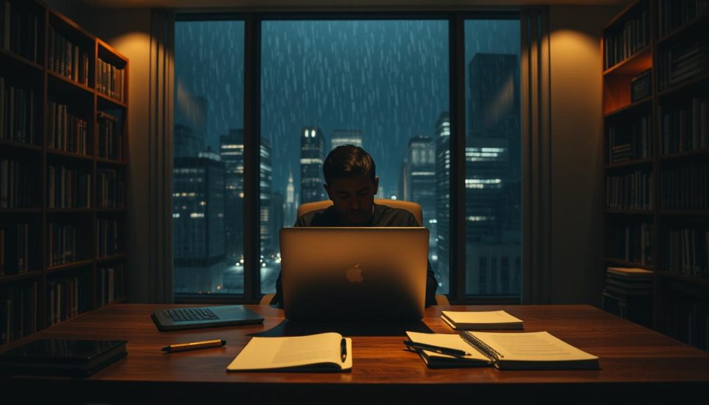 A dimly lit office interior, with a desk in the foreground holding a laptop, a pen, and a notebook. Behind the desk, a person sits in a chair, their face obscured in shadow, contemplating something on the screen. The walls are lined with bookshelves, casting a warm, introspective glow. In the middle ground, a large window overlooks a rainy cityscape, the rain streaking down the glass. The atmosphere is one of thoughtful reflection, as the figure grapples with feedback and the process of iteration and growth. A dimly lit office interior, with a desk in the foreground holding a laptop, a pen, and a notebook. Behind the desk, a person sits in a chair, their face obscured in shadow, contemplating something on the screen. The walls are lined with bookshelves, casting a warm, introspective glow. In the middle ground, a large window overlooks a rainy cityscape, the rain streaking down the glass. The atmosphere is one of thoughtful reflection, as the figure grapples with feedback and the process of iteration and growth.