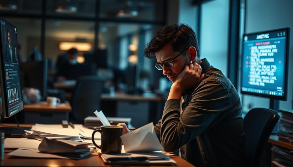 A dimly lit office space, with a stressed employee sitting at a cluttered desk, surrounded by scattered papers and a computer screen displaying alarming notifications. Anxious expressions, fidgeting, and a tense posture convey the individual's struggle with work-related anxiety. The lighting casts long shadows, creating an oppressive atmosphere. A blurred background of other desks and office equipment suggests a larger, overwhelming corporate environment. Subtle details like a half-empty coffee mug and a crumpled tissue paper add to the sense of emotional distress. The image should capture the warning signs of anxiety and its detrimental impact on the employee's performance and well-being in the workplace. A dimly lit office space, with a stressed employee sitting at a cluttered desk, surrounded by scattered papers and a computer screen displaying alarming notifications. Anxious expressions, fidgeting, and a tense posture convey the individual's struggle with work-related anxiety. The lighting casts long shadows, creating an oppressive atmosphere. A blurred background of other desks and office equipment suggests a larger, overwhelming corporate environment. Subtle details like a half-empty coffee mug and a crumpled tissue paper add to the sense of emotional distress. The image should capture the warning signs of anxiety and its detrimental impact on the employee's performance and well-being in the workplace.