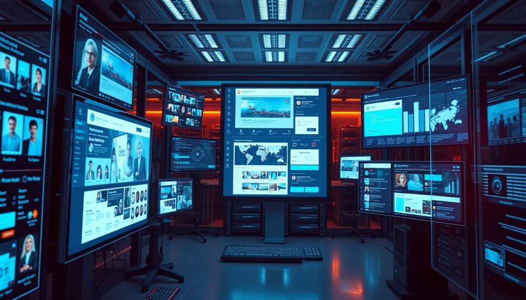 A dynamic, multilayered scene depicting digital "plataformas" - sleek, modern social media interfaces with fluid navigation and interactive elements. In the foreground, vibrant display screens showcase real-time conversations, data visualizations, and dynamic content. The middle ground features a sophisticated, responsive design with clean lines, intuitive controls, and seamless transitions between features. The background subtly hints at the underlying infrastructure - server racks, data centers, and the interconnected nature of these digital platforms. The lighting is balanced, with a slight warm glow emanating from the screens to create an engaging, immersive atmosphere. The overall impression is one of advanced, cutting-edge technology shaping the future of social interaction and communication.