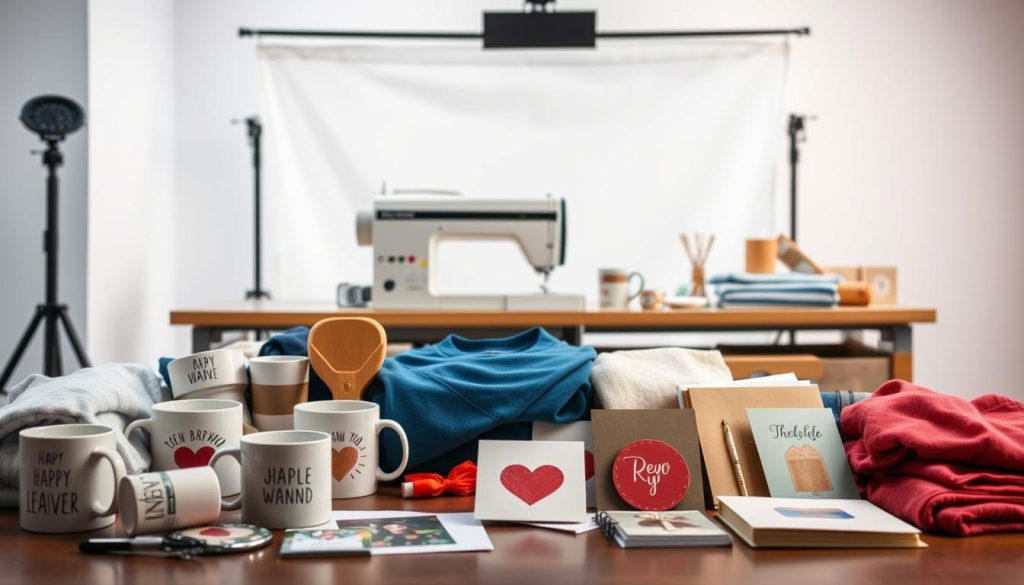 A high-quality product arrangement in a well-lit studio setting. In the foreground, an assortment of personalized items such as customized mugs, t-shirts, and greeting cards, meticulously crafted with attention to detail. The middle ground features a professional-grade sewing machine and various tailoring tools, suggesting the careful personalization process. The background showcases a clean, white backdrop, emphasizing the focus on the products. Soft, diffused lighting creates a sense of refinement and professionalism, complementing the overall atmosphere of quality and precision. A high-quality product arrangement in a well-lit studio setting. In the foreground, an assortment of personalized items such as customized mugs, t-shirts, and greeting cards, meticulously crafted with attention to detail. The middle ground features a professional-grade sewing machine and various tailoring tools, suggesting the careful personalization process. The background showcases a clean, white backdrop, emphasizing the focus on the products. Soft, diffused lighting creates a sense of refinement and professionalism, complementing the overall atmosphere of quality and precision.