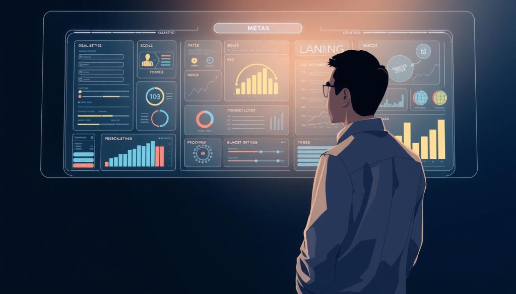 A meticulously crafted, modern illustration showcasing the concept of "metas" (goals). The scene depicts a thoughtful individual standing before a sleek, holographic interface displaying a well-organized array of digital goal-setting tools and visualizations. The lighting is crisp, directional, and evocative, casting dramatic shadows that emphasize the focus and determination of the central figure. The color palette is muted yet vibrant, with a balance of cool and warm tones that convey a sense of clarity and intentionality. The overall composition is balanced and visually compelling, guiding the viewer's eye towards the core elements of strategic goal-setting and personal growth. A meticulously crafted, modern illustration showcasing the concept of "metas" (goals). The scene depicts a thoughtful individual standing before a sleek, holographic interface displaying a well-organized array of digital goal-setting tools and visualizations. The lighting is crisp, directional, and evocative, casting dramatic shadows that emphasize the focus and determination of the central figure. The color palette is muted yet vibrant, with a balance of cool and warm tones that convey a sense of clarity and intentionality. The overall composition is balanced and visually compelling, guiding the viewer's eye towards the core elements of strategic goal-setting and personal growth.