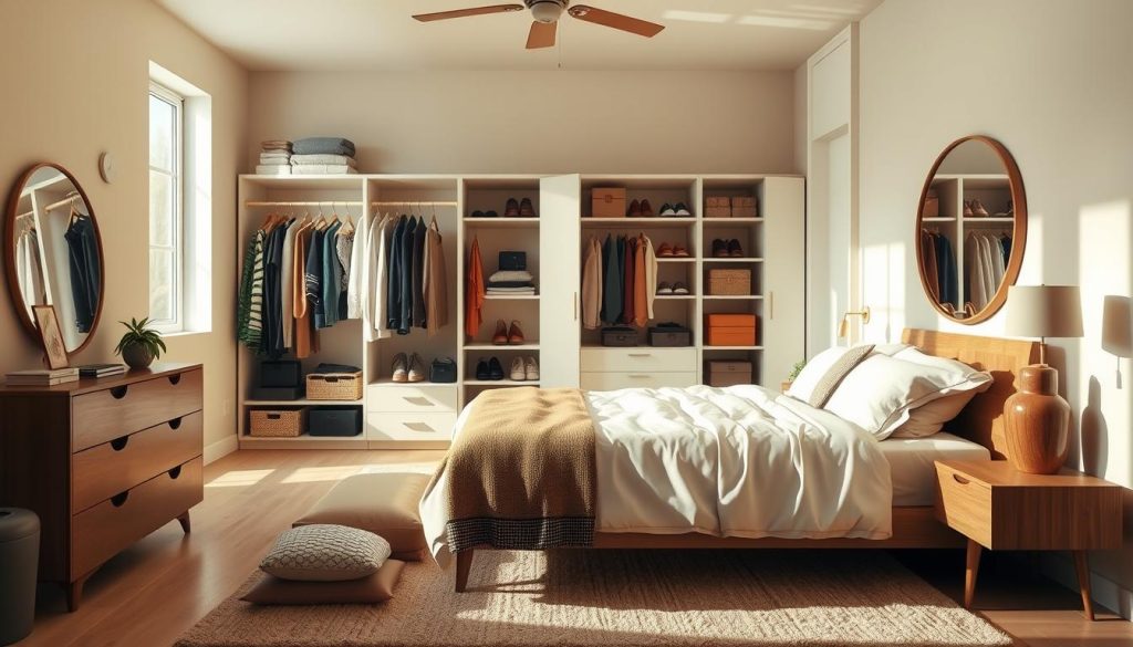 A meticulously organized bedroom with a neatly arranged wardrobe, shoes neatly displayed on shelves, and accessories carefully placed. The room is bathed in warm, natural lighting, creating a serene and inviting atmosphere. The furniture has a modern, minimalist design, and the color palette is a harmonious blend of neutral tones, accentuated by subtle pops of color. The overall impression is one of calm, order, and a sense of intentional living, perfectly reflecting the section title "Quartos sem bagunça: armário, sapatos e acessórios no lugar".