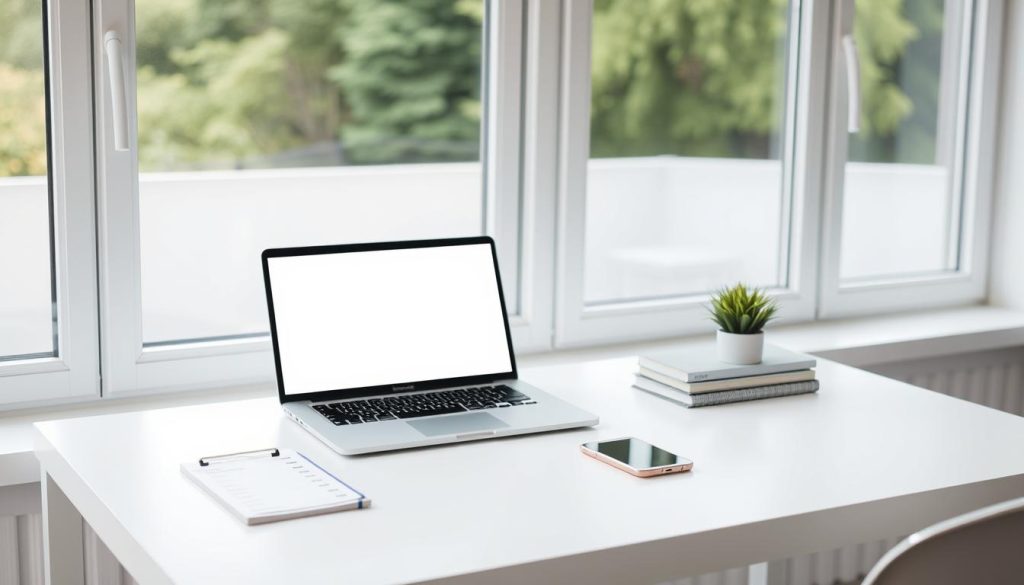 A minimalist home office setup with a laptop, mobile phone, and a checklist notepad on a clean, white desk. The desk is placed in front of a large window, allowing natural light to illuminate the scene. The overall atmosphere is calm and focused, with a sense of productivity and organization. The scene conveys the idea of a simple, yet effective planning process for an event, reflecting the article's subject and section title.