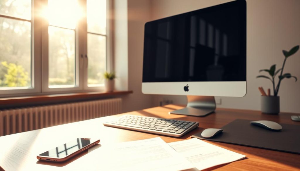 A minimalist, neatly-organized home office workspace with a sleek, modern computer monitor and keyboard on a wooden desk. Sunlight filters in through large windows, casting a warm, productive glow. In the foreground, a stylish smartphone and a few sheets of paper, representing the efficient management of email and meetings. The overall atmosphere is one of focus, clarity, and streamlined productivity. A minimalist, neatly-organized home office workspace with a sleek, modern computer monitor and keyboard on a wooden desk. Sunlight filters in through large windows, casting a warm, productive glow. In the foreground, a stylish smartphone and a few sheets of paper, representing the efficient management of email and meetings. The overall atmosphere is one of focus, clarity, and streamlined productivity.