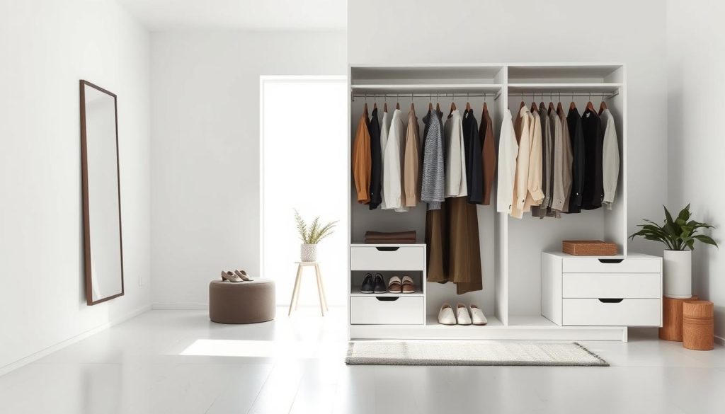 A minimalist, well-organized capsule wardrobe set against a bright, airy backdrop. In the foreground, a sleek, modern armário cápsula with carefully curated clothing items neatly arranged, showcasing the quality and versatility of a pared-down closet. The lighting is soft and natural, accentuating the clean lines and neutral tones of the furniture and apparel. In the background, a serene, minimalist interior with white walls and floors, creating a calming, uncluttered atmosphere that emphasizes the beauty of simplicity. The overall scene conveys a sense of tranquility, organization, and mindful living, reflecting the ethos of a minimalist lifestyle. A minimalist, well-organized capsule wardrobe set against a bright, airy backdrop. In the foreground, a sleek, modern armário cápsula with carefully curated clothing items neatly arranged, showcasing the quality and versatility of a pared-down closet. The lighting is soft and natural, accentuating the clean lines and neutral tones of the furniture and apparel. In the background, a serene, minimalist interior with white walls and floors, creating a calming, uncluttered atmosphere that emphasizes the beauty of simplicity. The overall scene conveys a sense of tranquility, organization, and mindful living, reflecting the ethos of a minimalist lifestyle.