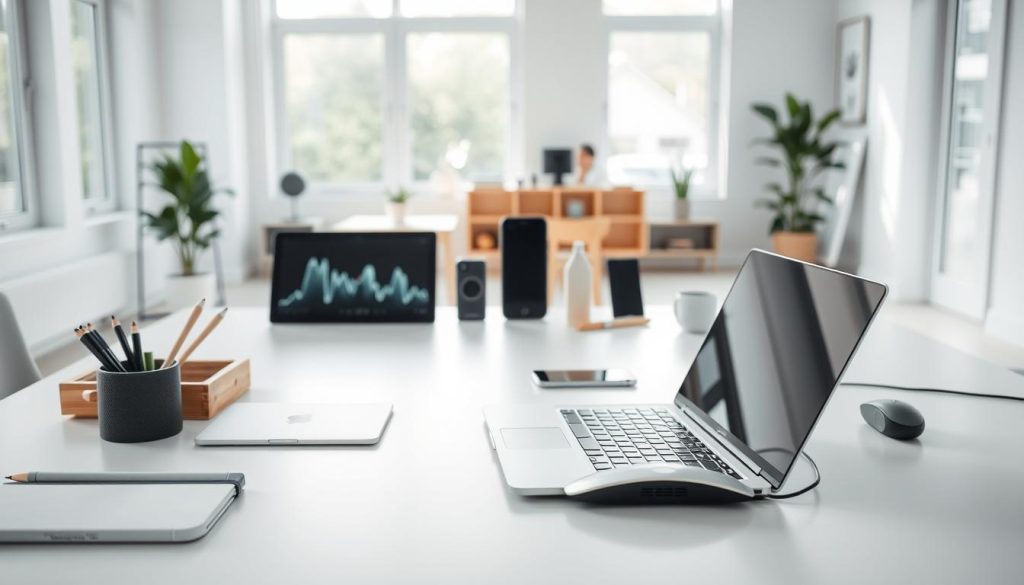 A modern and minimalist workspace with a variety of productivity tools seamlessly integrated. In the foreground, a sleek laptop and a wireless mouse sit on a clean, minimalist desk, surrounded by a neatly organized array of stationery and a plant. The middle ground features an array of digital devices, including a tablet, a smartphone, and a smartwatch, all connected and synced. The background showcases a bright, airy room with large windows allowing natural light to pour in, creating a sense of openness and focus. Subtle hues of gray, white, and wood tones complement the overall aesthetic, conveying a harmonious and efficient work environment.