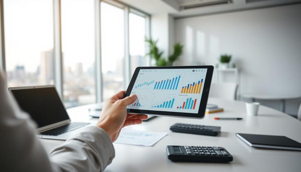 A modern, minimalist office scene with a portfolio rebalancing concept. In the foreground, a person's hands manipulating financial charts and graphs on a tablet device, symbolizing the process of asset allocation and portfolio optimization. The middle ground features a clean, white desk with a laptop, calculator, and other financial tools, creating a sense of organization and focus. In the background, large windows provide natural lighting and a serene urban cityscape, conveying a calm, professional atmosphere. The scene is captured with a shallow depth of field, emphasizing the primary subject and creating a sense of depth. The overall mood is one of thoughtfulness, control, and financial discipline. A modern, minimalist office scene with a portfolio rebalancing concept. In the foreground, a person's hands manipulating financial charts and graphs on a tablet device, symbolizing the process of asset allocation and portfolio optimization. The middle ground features a clean, white desk with a laptop, calculator, and other financial tools, creating a sense of organization and focus. In the background, large windows provide natural lighting and a serene urban cityscape, conveying a calm, professional atmosphere. The scene is captured with a shallow depth of field, emphasizing the primary subject and creating a sense of depth. The overall mood is one of thoughtfulness, control, and financial discipline.