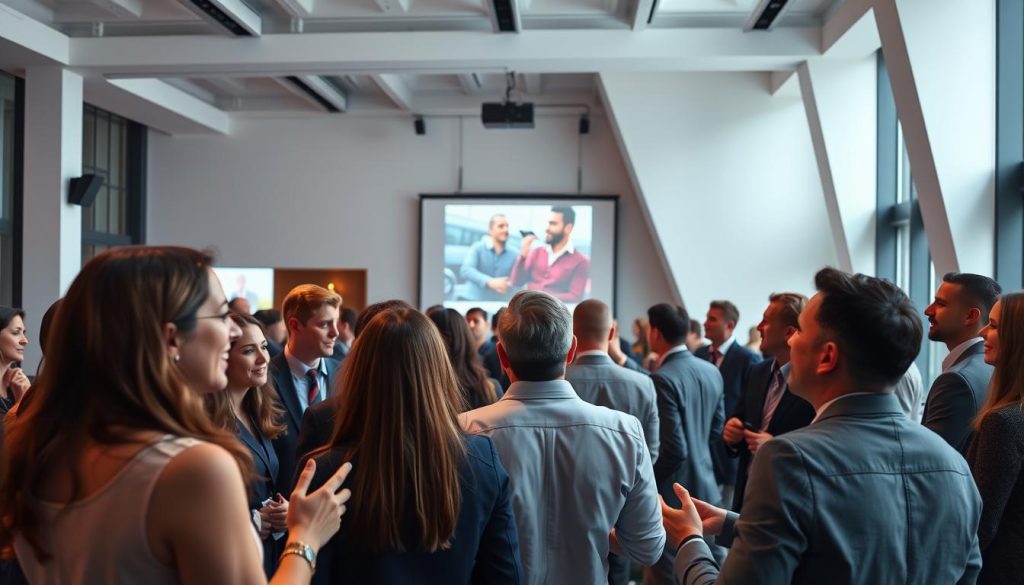 A modern, vibrant marketing event taking place in a sleek, minimalist event space. In the foreground, a group of well-dressed professionals engage in animated discussions, their faces lit by the warm glow of strategically placed lighting. The middle ground features a large projection screen displaying visually striking marketing content, while the background showcases the clean, geometric architecture of the venue, with floor-to-ceiling windows allowing natural light to filter in. The overall atmosphere exudes professionalism, creativity, and a sense of energy and collaboration, perfectly capturing the essence of effective marketing and promotional activities.