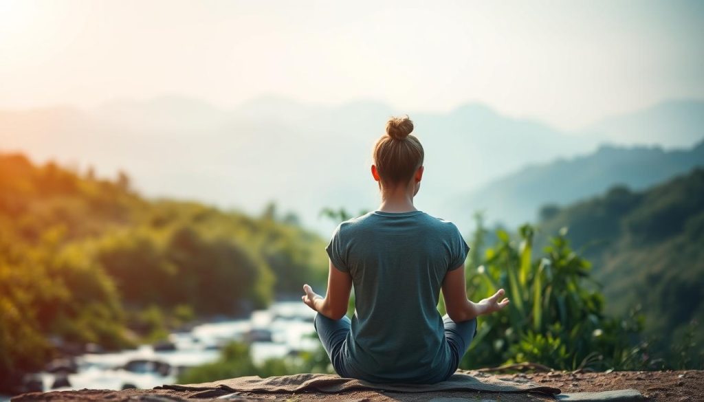 A peaceful and introspective scene of self-discovery, with a person sitting in a meditative pose against a backdrop of nature. Soft, warm lighting illuminates the foreground, highlighting the individual's introspective expression. The middle ground features lush greenery and a serene, flowing stream, symbolizing the journey of personal growth. The background showcases a distant, hazy mountain range, conveying a sense of vastness and the interconnectedness of the inner and outer worlds. The overall atmosphere is one of tranquility, reflection, and the pursuit of self-knowledge.