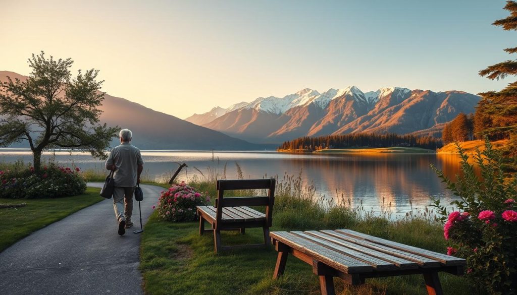 A peaceful and serene retirement scene, captured through the lens of a wide-angle camera. In the foreground, a retiree enjoys a leisurely stroll along a tranquil lakeside path, surrounded by lush greenery and vibrant flowers. The middle ground features a cozy wooden bench, inviting the viewer to pause and take in the picturesque landscape. In the background, a magnificent mountain range stands tall, its snow-capped peaks glowing under the warm, golden hues of the setting sun. The scene exudes a sense of financial security, balance, and a life well-lived, perfectly capturing the essence of "Quanto precisamos acumular: FIRE, manter padrão e cálculos práticos".