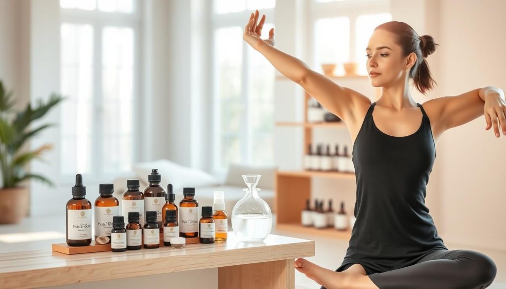 A serene and harmonious scene depicting the essence of "beleza saúde". In the foreground, a woman with an ethereal, glowing complexion practices gentle yoga poses, her movements fluid and graceful. The middle ground features an array of natural wellness products - essential oils, herbal remedies, and organic cosmetics - all artfully arranged on a minimalist wooden shelf. The background presents a calming, pastel-hued interior with large windows letting in soft, diffused sunlight, creating a sense of tranquility and mindfulness. The overall composition radiates a soothing, spa-like ambiance, inviting the viewer to embrace a holistic approach to beauty and well-being.
