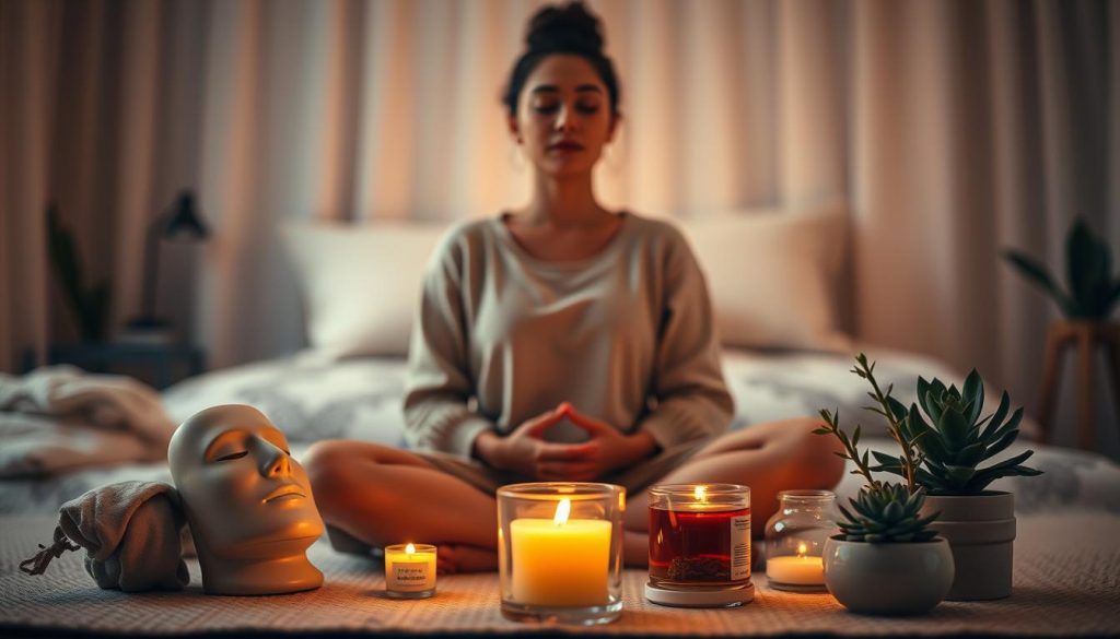 A serene and tranquil scene of self-care, bathed in warm, soft lighting. In the foreground, a person sits cross-legged, eyes closed, hands resting on their lap, exuding a sense of deep meditation and inner peace. Surrounding them, an array of carefully curated self-care items - a face mask, a scented candle, a cup of herbal tea, and a succulent plant - create a soothing and nurturing atmosphere. The background is blurred, suggesting a cozy, intimate space, free from distractions, where the focus is solely on the individual's well-being and personal growth. The overall mood is one of mindfulness, relaxation, and a holistic approach to self-care. A serene and tranquil scene of self-care, bathed in warm, soft lighting. In the foreground, a person sits cross-legged, eyes closed, hands resting on their lap, exuding a sense of deep meditation and inner peace. Surrounding them, an array of carefully curated self-care items - a face mask, a scented candle, a cup of herbal tea, and a succulent plant - create a soothing and nurturing atmosphere. The background is blurred, suggesting a cozy, intimate space, free from distractions, where the focus is solely on the individual's well-being and personal growth. The overall mood is one of mindfulness, relaxation, and a holistic approach to self-care.