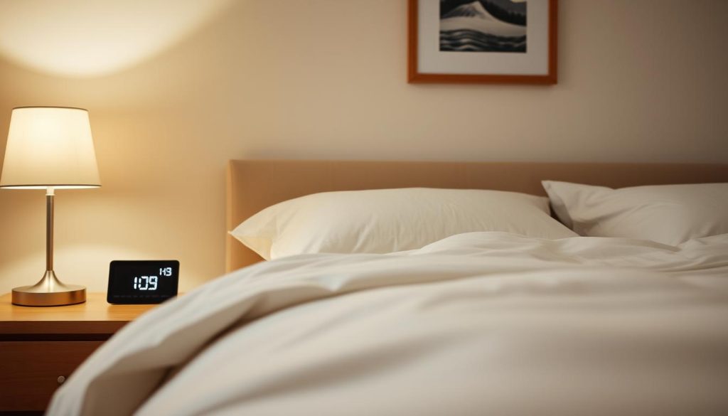 A serene bedroom scene, softly lit by a bedside lamp. In the foreground, a cozy bed with crisp white sheets and a plush duvet invites rest. On the nightstand, a digital clock displays the time, its digits glowing faintly. The walls are painted in a soothing, neutral tone, and a single framed artwork hangs above the headboard, adding a touch of tranquility. The atmosphere is one of calm and comfort, perfectly capturing the essence of a restful, high-quality sleep.