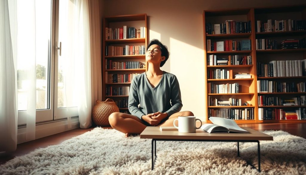 A serene indoor scene, bathed in soft natural lighting from a large window. In the foreground, a person sits cross-legged on a plush rug, eyes closed in deep contemplation, hands resting gently on their lap. Behind them, bookshelves line the walls, filled with volumes on self-discovery and emotional intelligence. In the middle ground, a minimalist coffee table holds a steaming mug and a journal, suggesting a space for quiet reflection. The background is a warm, earthy palette, creating a cozy, introspective atmosphere. The overall mood is one of calm, focus, and the journey of self-awareness.