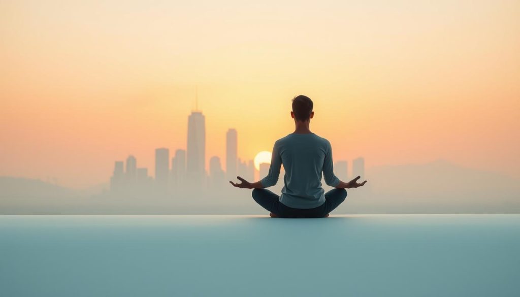A serene, minimalist landscape depicting the concept of "limits" in the context of work-life balance. In the foreground, a person sits cross-legged, meditating against a soft, pastel-hued backdrop. The middle ground features a simplistic, geometric cityscape with skyscrapers and office buildings, symbolizing the demands of the workplace. The background showcases a tranquil sunset, with warm, golden hues blending into a soft, gradient sky, representing the need for personal time and relaxation. The lighting is soft and diffused, creating a calming, introspective atmosphere. The camera angle is slightly elevated, allowing for a balanced, harmonious composition that conveys the importance of setting boundaries and managing one's time effectively.
