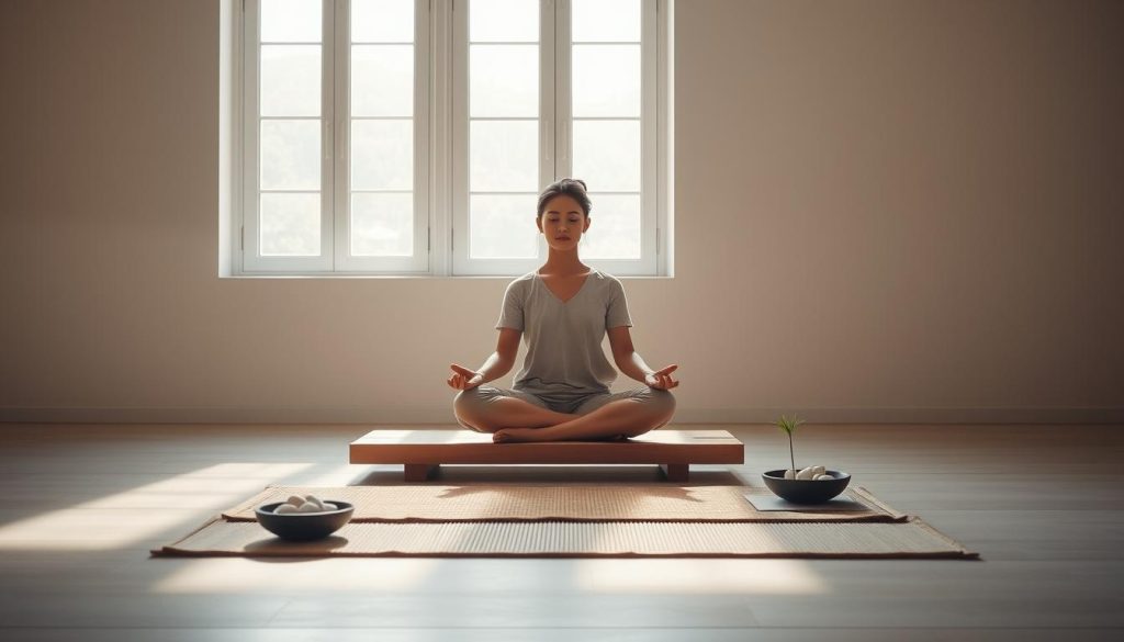 A serene, minimalist scene depicting "intelligent detachment" (desapego inteligente). In the foreground, a person sits cross-legged on a simple wooden platform, their gaze focused inward. Diffused natural light filters through large windows, casting a warm, contemplative atmosphere. The middle ground features a few sparse, carefully curated objects - a small potted plant, a bowl of smooth stones, a bamboo mat. The background is a neutral, soothing palette, free of distractions, inviting the viewer to find calm and clarity. The overall composition radiates a sense of mindfulness, inner peace, and intentional living. A serene, minimalist scene depicting "intelligent detachment" (desapego inteligente). In the foreground, a person sits cross-legged on a simple wooden platform, their gaze focused inward. Diffused natural light filters through large windows, casting a warm, contemplative atmosphere. The middle ground features a few sparse, carefully curated objects - a small potted plant, a bowl of smooth stones, a bamboo mat. The background is a neutral, soothing palette, free of distractions, inviting the viewer to find calm and clarity. The overall composition radiates a sense of mindfulness, inner peace, and intentional living.