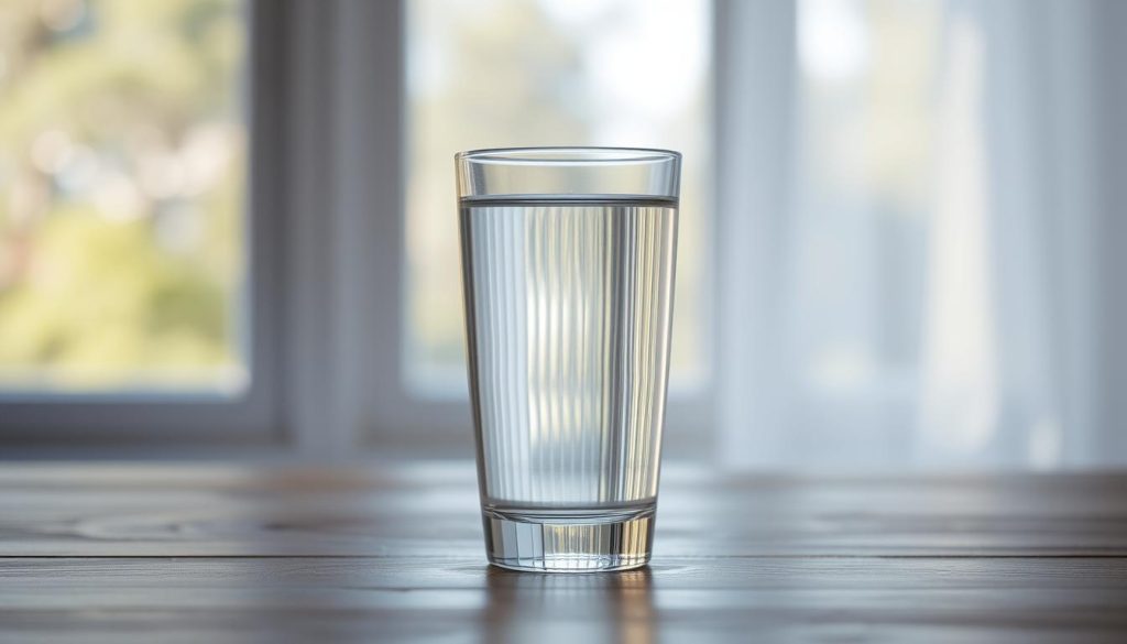 A serene, minimalist scene of a glass of clear, fresh water against a blurred, natural background. The water gently reflects the soft, diffused light filtering through a large window, creating a calming, contemplative atmosphere. The scene conveys a sense of purity, tranquility, and the importance of water conservation, subtly alluding to the theme of sustainable fashion and its impact on natural resources. The composition is balanced, with the glass of water positioned as the focal point, surrounded by muted, earthy tones that complement the subject.