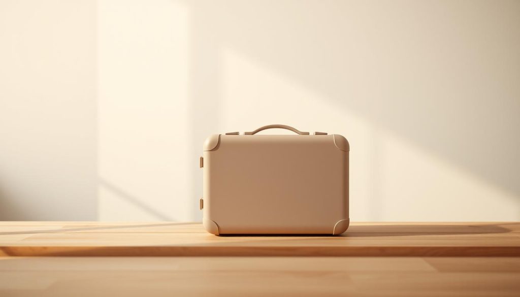 A serene, minimalist still life showcasing the essence of "mala enxuta" (a light, streamlined suitcase). In the foreground, a simple, elegantly designed suitcase in a muted, neutral tone sits atop a smooth, wooden surface, bathed in soft, natural lighting. The mid-ground features a tranquil, out-of-focus background, creating a sense of calm and focus on the central object. The overall mood is one of simplicity, intentionality, and a life of fluidity and lightness, reflecting the theme of "Viajar leve e viver com fluidez". The composition is balanced, the lighting is warm and diffused, and the attention to detail captures the essence of the subject matter. A serene, minimalist still life showcasing the essence of "mala enxuta" (a light, streamlined suitcase). In the foreground, a simple, elegantly designed suitcase in a muted, neutral tone sits atop a smooth, wooden surface, bathed in soft, natural lighting. The mid-ground features a tranquil, out-of-focus background, creating a sense of calm and focus on the central object. The overall mood is one of simplicity, intentionality, and a life of fluidity and lightness, reflecting the theme of "Viajar leve e viver com fluidez". The composition is balanced, the lighting is warm and diffused, and the attention to detail captures the essence of the subject matter.