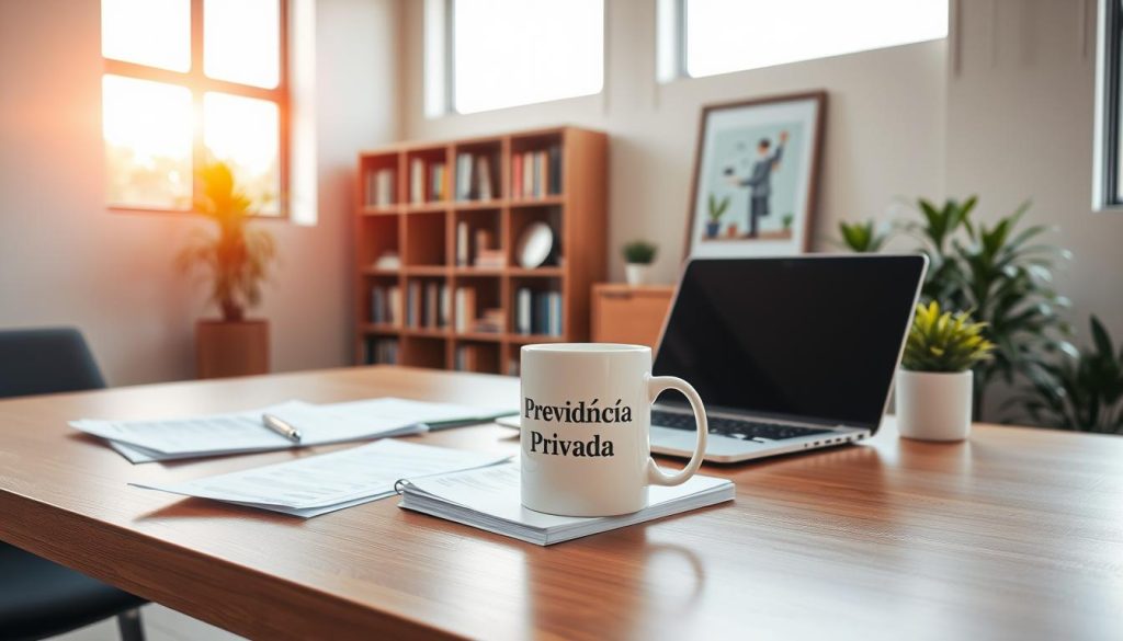 A serene modern office interior, bathed in warm natural light from large windows. In the foreground, a sleek wooden desk with a laptop, several financial documents, and a potted plant. On the desk, a crisp white mug with the words "Previdência Privada" printed on it. Behind the desk, a bookshelf filled with finance-related books and a framed artwork depicting retirement planning. The walls are a neutral, calming color, and the overall atmosphere is professional yet inviting, reflecting the importance and care associated with private pension planning.