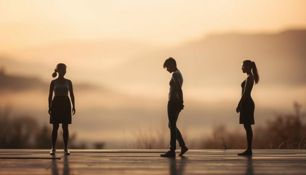 A serene, warm-toned scene depicting the four main attachment styles - secure, anxious, avoidant, and disorganized. In the foreground, four figures in muted colors represent each attachment type, their body language and facial expressions conveying their characteristic traits. The middle ground features a tranquil, blurred landscape with soft lighting, creating a contemplative atmosphere. The background has subtle, textured elements suggestive of a therapeutic setting, hinting at the importance of understanding attachment patterns for healthy relationships. The overall composition is balanced, with a sense of depth and emotional resonance, inviting the viewer to reflect on the nuances of attachment styles.
