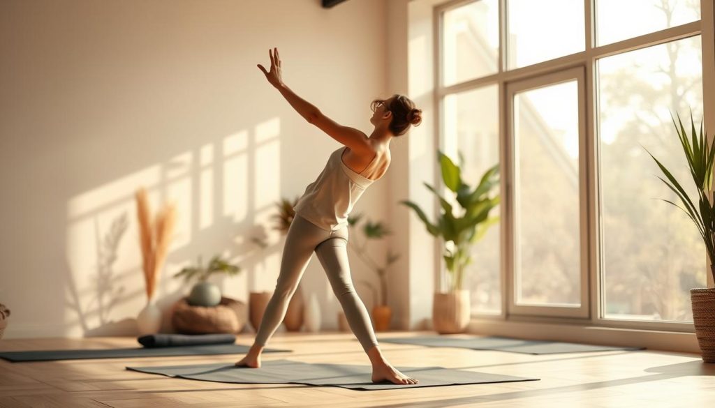 A serene, well-lit indoor morning scene of a person performing a series of gentle yoga poses and exercises. The figure is positioned in the foreground, their movements graceful and focused, surrounded by a minimalist, zen-inspired interior with large windows letting in soft natural light. The background features muted colors, plants, and perhaps a glimpse of the outdoors, conveying a sense of tranquility and rejuvenation. The lighting is warm and diffused, adding to the calming atmosphere. The camera angle is slightly elevated, capturing the full range of motion and the person's mindful engagement with their practice. A serene, well-lit indoor morning scene of a person performing a series of gentle yoga poses and exercises. The figure is positioned in the foreground, their movements graceful and focused, surrounded by a minimalist, zen-inspired interior with large windows letting in soft natural light. The background features muted colors, plants, and perhaps a glimpse of the outdoors, conveying a sense of tranquility and rejuvenation. The lighting is warm and diffused, adding to the calming atmosphere. The camera angle is slightly elevated, capturing the full range of motion and the person's mindful engagement with their practice.