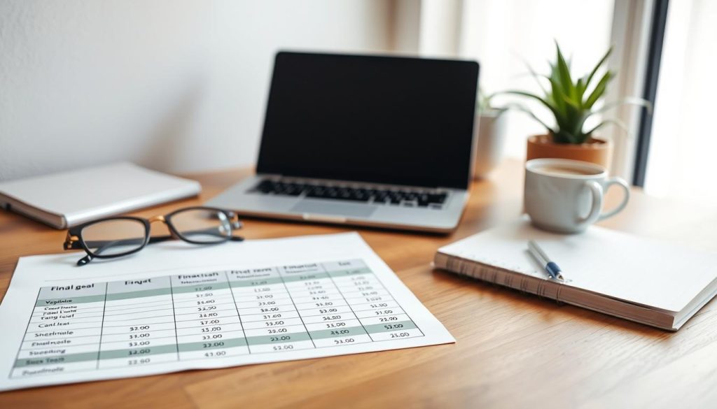 A serene workspace with a wooden desk, a laptop, a pair of eyeglasses, and a potted plant. In the foreground, a spreadsheet showing financial goals for the short, medium, and long term, with clear targets and milestones. The middle ground features a financial planner's notebook, a pen, and a cup of coffee, conveying a sense of focus and organization. The background is softly blurred, highlighting the financial objectives at the center of the scene. Soft, natural lighting illuminates the workspace, creating a calming and productive atmosphere. A serene workspace with a wooden desk, a laptop, a pair of eyeglasses, and a potted plant. In the foreground, a spreadsheet showing financial goals for the short, medium, and long term, with clear targets and milestones. The middle ground features a financial planner's notebook, a pen, and a cup of coffee, conveying a sense of focus and organization. The background is softly blurred, highlighting the financial objectives at the center of the scene. Soft, natural lighting illuminates the workspace, creating a calming and productive atmosphere.