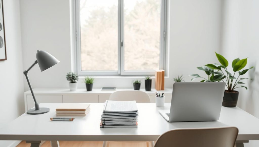 A sleek and modern home office setup with a laptop, a stack of documents, and various office supplies neatly arranged on a clean, minimalist desk. The desk is positioned in front of a large window, allowing natural light to flood the space and create a bright, airy atmosphere. The room is decorated with subtle, neutral tones, complemented by a few potted plants that add a touch of greenery. The overall scene conveys a sense of productivity, organization, and a streamlined approach to remote work or small-scale e-commerce operations.