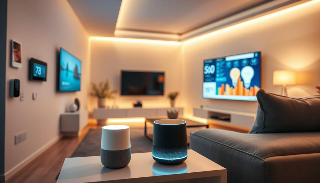 A sleek and modern living room filled with an array of connected devices, creating a harmonious smart home ecosystem. In the foreground, a state-of-the-art voice-controlled assistant sits atop a minimalist side table, its glowing interface emitting a soft, ambient light. Surrounding it, various smart home devices seamlessly blend into the contemporary décor - a wall-mounted touchscreen display, a smart thermostat, and a network-enabled security camera. In the middle ground, a large, ultra-high-definition television displays vivid, real-time data from the connected home, while in the background, smart light bulbs bathe the room in a warm, inviting glow. The overall scene conveys a sense of technological sophistication and effortless integration, reflecting the future of practical, connected living.