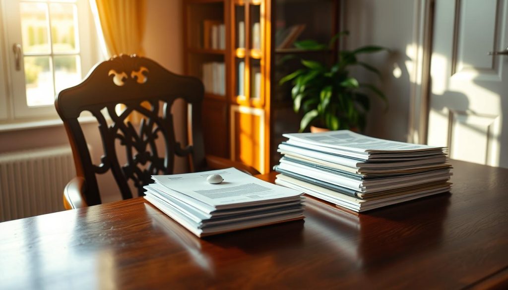 A stately wooden desk sits in a cozy, well-lit home office. On the desk, a piggy bank and a stack of neatly organized documents symbolize a family's financial planning. Sunlight streams through a nearby window, casting a warm glow over the scene. The overall atmosphere conveys a sense of security, order, and financial responsibility. In the background, a bookshelf and potted plant add depth and a touch of greenery, reflecting the concept of "emergency reserve" and "first investments."