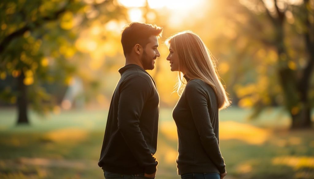 A tranquil outdoor setting with a couple standing side by side, facing each other, their bodies angled inward, conveying a sense of deep connection and mutual understanding. Warm, golden afternoon light filters through the trees, casting a soft glow on their faces. The background is blurred, allowing the figures to be the focal point, emphasizing their individuality and the quality time they share. The couple's body language and facial expressions suggest a balance between independence and togetherness, reflecting the harmony of their relationship.
