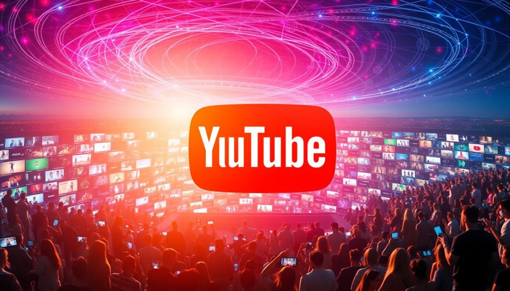 A vast digital landscape, with a central focus on the iconic YouTube logo emblazoned against a vibrant, dynamic backdrop. The logo appears larger-than-life, casting a warm, inviting glow that radiates outward, illuminating the surrounding environment. In the foreground, a diverse array of people engaged in various activities - watching videos, creating content, and interacting with the platform. The middle ground features a mosaic of video thumbnails and trending topics, reflecting the breadth and depth of YouTube's content. In the background, a swirling, ethereal web of interconnected data streams, visualizing the platform's vast reach and the ever-evolving nature of digital media consumption. The overall scene conveys the idea of YouTube as the "new TV," a powerful and immersive medium that has transformed the way we engage with and consume entertainment and information.