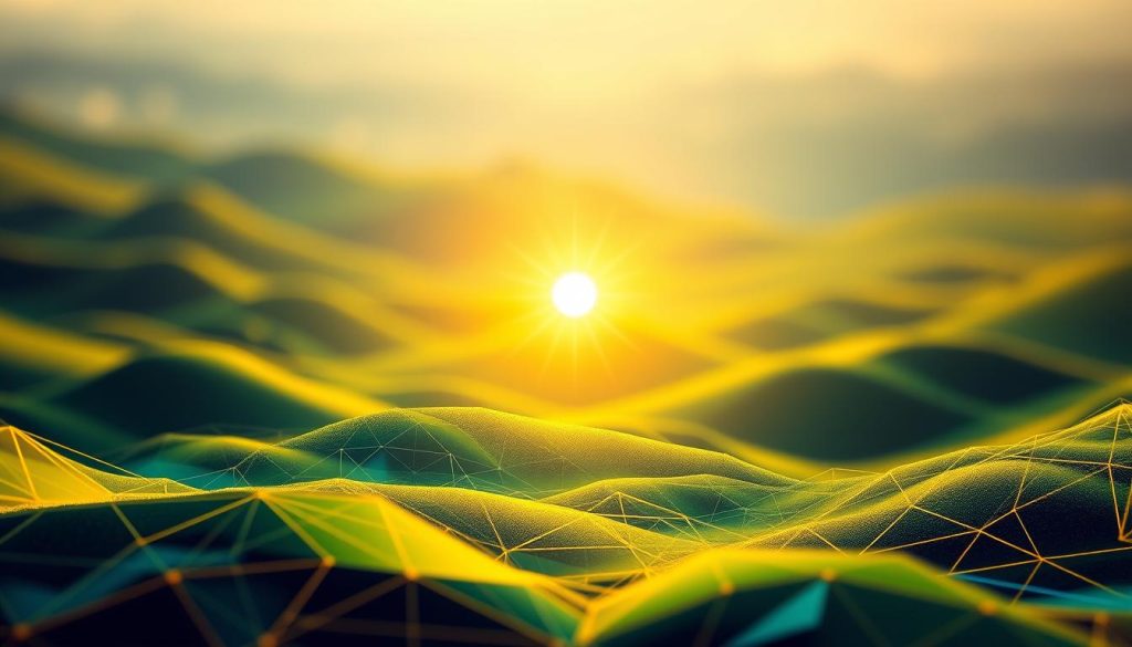 A vibrant abstract landscape depicting the concept of "crescimento trabalho" (growth through work). In the foreground, a dynamic, geometric pattern of interlocking shapes and lines in shades of green, yellow, and blue, symbolizing the progression, innovation, and evolution of professional development. In the middle ground, a central focal point featuring a glowing, radiant orb of light, representing the inner drive, resilience, and passion that fuels personal and career growth. The background is a softly blurred expanse of complementary hues, creating a sense of depth and underlying positivity. Warm, directional lighting illuminates the composition, casting subtle shadows and highlights to convey a mood of optimism and forward momentum. Captured with a wide-angle lens to emphasize the expansive, aspirational nature of the concept. A vibrant abstract landscape depicting the concept of "crescimento trabalho" (growth through work). In the foreground, a dynamic, geometric pattern of interlocking shapes and lines in shades of green, yellow, and blue, symbolizing the progression, innovation, and evolution of professional development. In the middle ground, a central focal point featuring a glowing, radiant orb of light, representing the inner drive, resilience, and passion that fuels personal and career growth. The background is a softly blurred expanse of complementary hues, creating a sense of depth and underlying positivity. Warm, directional lighting illuminates the composition, casting subtle shadows and highlights to convey a mood of optimism and forward momentum. Captured with a wide-angle lens to emphasize the expansive, aspirational nature of the concept.