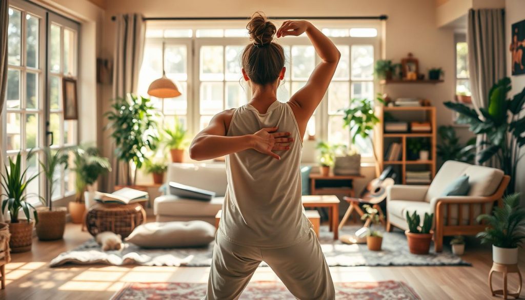 A vibrant scene of a person engaging in various hobbies and self-care activities. In the foreground, a person is shown stretching or doing light exercises, their movements fluid and graceful. In the middle ground, they are surrounded by an array of leisure pursuits, such as reading a book, playing a musical instrument, or tending to a small indoor garden. The background features a cozy, sun-dappled interior, with large windows letting in warm natural light. The overall mood is one of tranquility, balance, and a sense of personal fulfillment. The image conveys the idea of a well-rounded, active lifestyle that promotes both physical and mental well-being.